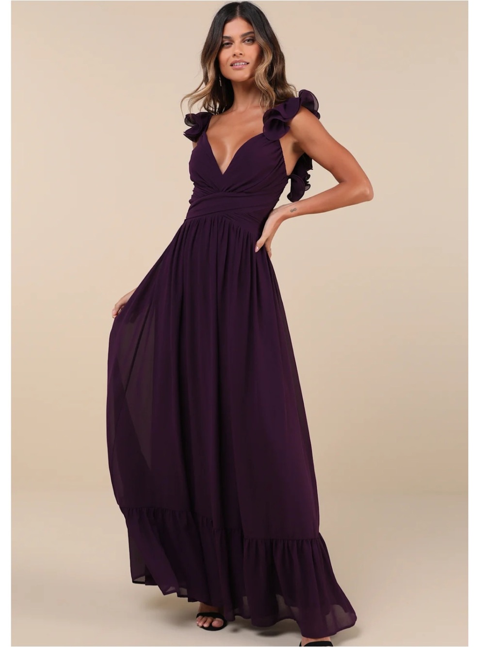 Lulus Soirée Celebration Purple Ruffled Strap Lace-Up Chiffon Maxi Dress XS NWT